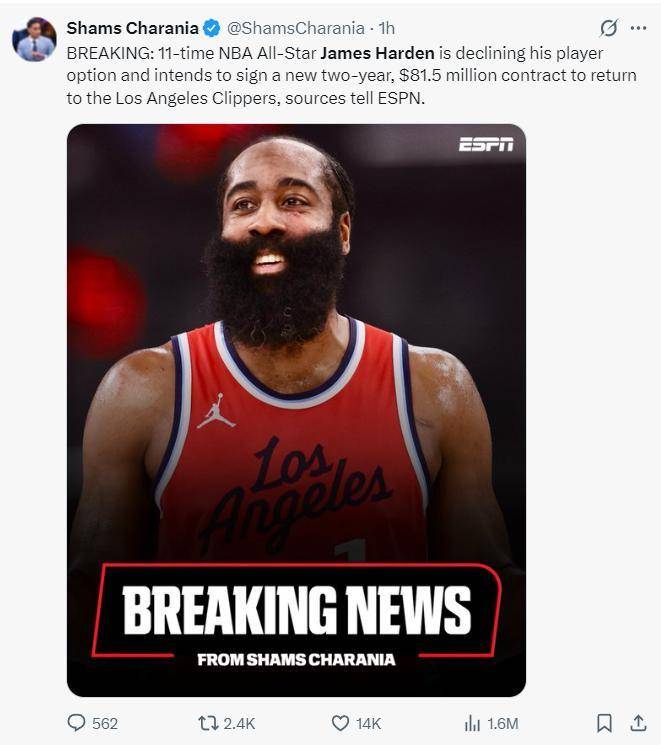 哈登第二年仅1330万美元受保障快船明夏有丰厚空间